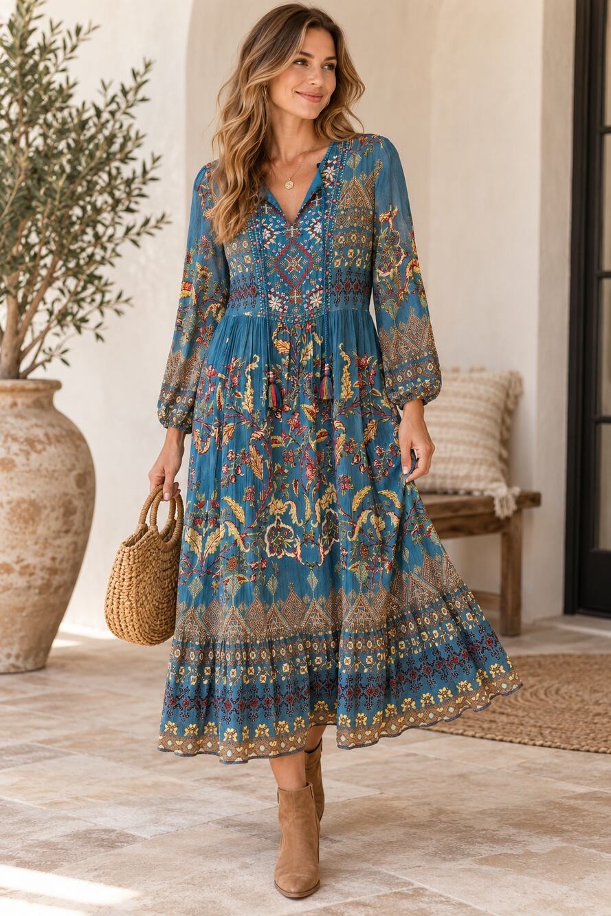 Soft Surroundings Mirapani Dress L Blue Embroidered Boho Floral Maxi
